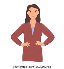 A young businesswoman, a teacher stands in a strict suit with her hands on her waist . A confident woman smiles. A flat vector illustration isolated on a white background.