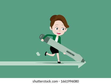 Young businesswoman uses a digital pen to create her own path for success, Cartoon vector illustration