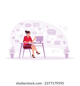Young businesswoman using headphones offering 24h support service to clients. Customer Support concept. Trend Modern vector flat illustration