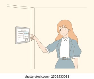 Young businesswoman using smart home system. Employee managing wireless electrical devices in office via tablet computer. Touchscreen on wall. Hand drawn flat cartoon character vector illustration.