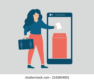 Young businesswoman voted online using her mobile phone. Business woman put the ballot into the box over her smartphone.  politics, democracy, e-voting and online election concept. Vector illustration