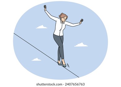 Young businesswoman walking on rope balancing in daily tasks at workplace. Female employee on tightrope show courage and risk at work. Vector illustration.