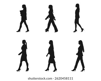 Young businesswoman walking silhouette. Vector silhouette of a beautiful business woman walking. Vector illustrations are isolated on a white background.