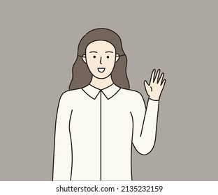 Young businesswoman wearing smiling mask hiding her real emotion, rising hands saying hello, goodbye. Mental health, depression, psychological disease concepts. Hand drawn design vector illustrations.