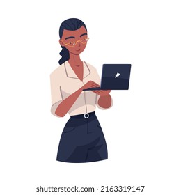 Junge Geschäftsfrau in White Blouse Holding Laptop Arbeiten in Office Vektor Illustration