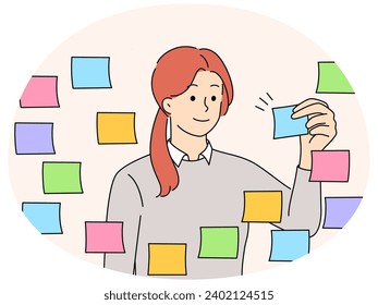 Young businesswoman working with colorful sticky notes brainstorming in office. Smiling motivated female employee think develop business project or solution. Vector illustration.