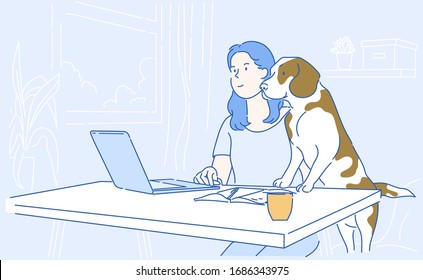 Joven empresaria trabajando en una laptop con su perro en casa. Dibujo manual en líneas delgadas, ilustraciones vectoriales.