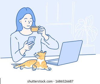 Young businesswoman working on computer laptop and drinking coffee, 
her lovely cat stares on the table.Work from at home. Hand drawn in thin line style, vector illustrations.