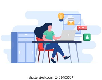 Young businesswoman working on computer flat illustration concept, Freelancer at a convenient workplace 