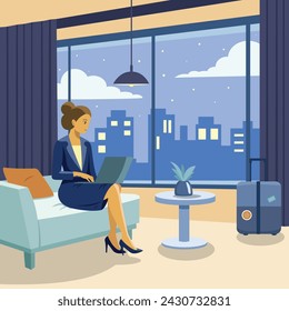 Young businesswoman working on laptop in hotel room and looking at night city through window. Woman sitting on couch.  Booking hotel reservation concept vector flat illustration.