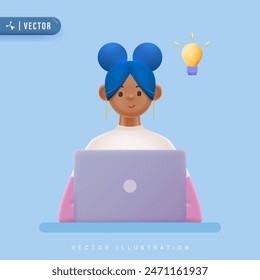 Young businesswoman working on the laptop and having an idea. Freelance job concept, creativity innovation and business idea concept. 3d vector people character illustration. Cartoon minimal style.