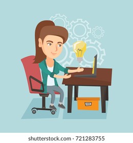 Young businesswoman working on a laptop on a new business idea. Caucasian happy business woman having a business idea. Successful business idea concept. Vector cartoon illustration. Square layout.