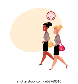 Young businesswomen, black and Caucasian, hurrying to work in morning, cartoon vector illustration with space for text. Black and Caucasian businesswomen hurrying to work, clock showing time