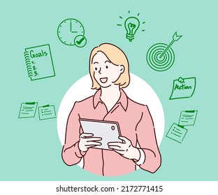 Young businesswomen thinking of a work plan. Business development concept. Hand drawn in thin line style, vector illustration.