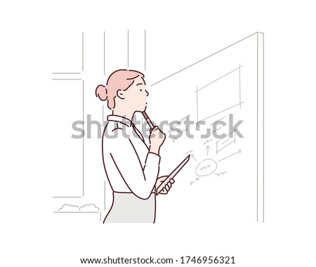 Young businesswomen thinking of a work plan in the office. Hand drawn style vector design illustrations.