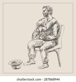 Young busker musician guitar street artist, in etching sketch hand drawing style