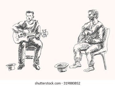 Young busker musician guitar street artist with chair and hat, in sketch hand drawn style, for music design