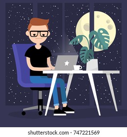 Young busy character working in the office at night. Overtime. Deadline. Modern lifestyle. Spending all the time at work. Conceptual illustration, clip art. Flat editable vector