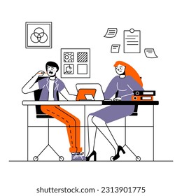 Young busy female sitting on armchair and working on laptop. Man sitting near and drawing on tablet. Business concept. Flat vector illustration in purple and orange colors