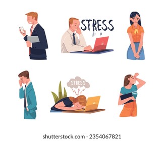 Young Busy Man and Woman Character in Stress Feeling Tired and Exhausted Sitting at Laptop Vector Illustration Set