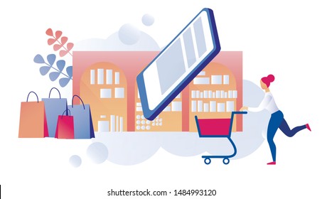 Young Busy Urban Woman, Going On Shopping Tour, Not Leaving Office Or Home, Through App In Her Phone, Hurrying Up With Cart To Buy Desired Item, Against Background With Shopping Bags And Shop Windows.