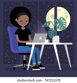 Young busy woman working in the office at night. Overtime. Deadline. Modern lifestyle. Spending all the time at work. Conceptual illustration, clip art. Flat editable vector