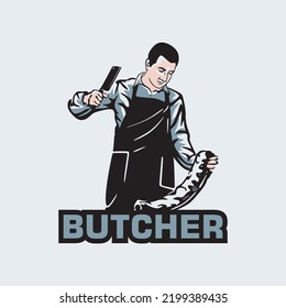 YOUNG BUTCHER LOGO, silhouette of happy young man bring knife vector illustrations