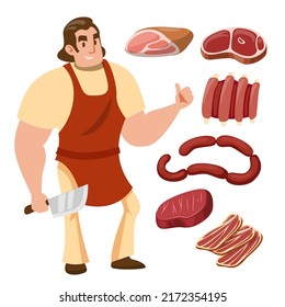 Young butcher man holding knife in hand with various types of meatม sausage, bacon in cartoon character, vector illustration