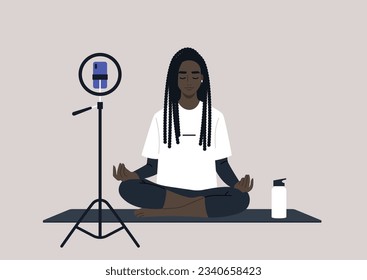 Young calm African character meditating in a lotus yoga pose, mindful lifestyle concept, an online workout scene