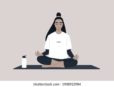 Young calm female Asian character meditating in a lotus yoga pose, mindful lifestyle concept