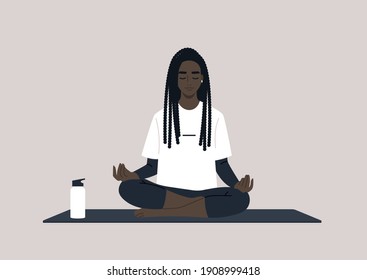 Young calm female Black character meditating in a lotus yoga pose, mindful lifestyle concept