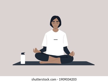 Young calm female character meditating in a lotus yoga pose, mindful lifestyle concept