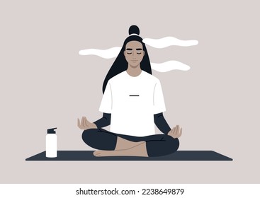 Young calm female character meditating in a lotus yoga pose, a mindful lifestyle concept