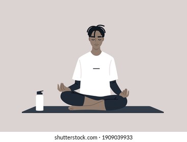 Young calm male Black character meditating in a lotus yoga pose, mindful lifestyle concept