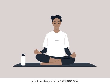 Young Calm Male Character Meditating In A Lotus Yoga Pose, Mindful Lifestyle Concept