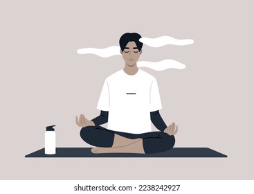 Joven personaje masculino tranquilo meditando en una pose de yoga de loto, un concepto de estilo de vida atento