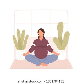 Young calm pregnant woman with closed eyes meditating at home. Girl with belly in lotus pose doing yoga. Scene of active lifestyle during pregnancy. Flat vector cartoon illustration isolated on white