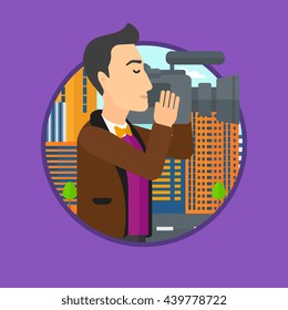 Young cameraman looking through movie camera. Man with professional video camera in the city. Cameraman shooting outdoor. Vector flat design illustration in the circle isolated on background.
