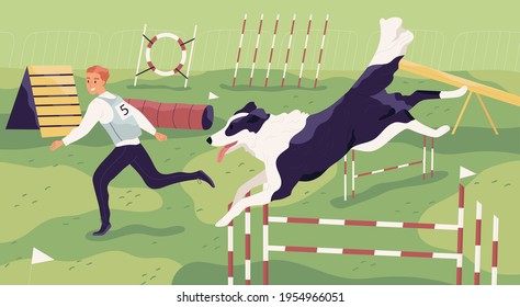 Young canine trainer playing with active agile dog on playground. Scene with pet owner training his doggy, jumping over barriers outdoor. Colored flat vector illustration of man and animal in nature