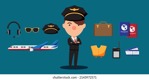 Young captain in uniform and stuff in his career, airplane, sunglasses, headphone, briefcase, passport, ticket in cartoon style for graphic designer, vector illustration