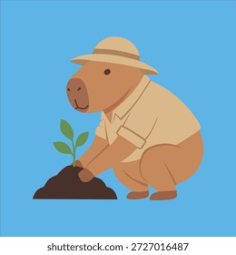 Capivara jovem vestindo chapéu tendendo sementes de plantas no solo