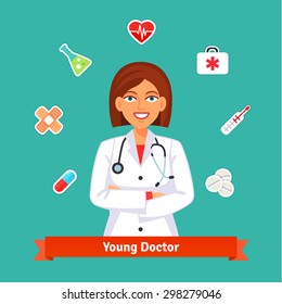 Young cardiologist doctor with set of medicine icons. Flat style vector illustration isolated on cyan background.