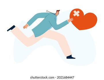 A Young Cardiologist Runs With A Sick Heart In His Hand. Providing An Ambulance At Infarction. Trainee Doctor. Emergency Medical Care Concept. Vector Illustration In Flat Style