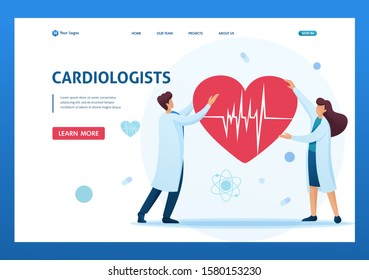 Young cardiologists hold a heart with an ECG in their hands. Flat 2D character. Landing page concepts and web design