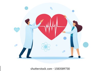 Young cardiologists hold a heart with an ECG in their hands. Flat 2D character. Concept for web design.