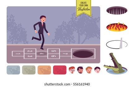 Young carefree businessman playing hopscotch, jumping unaware of danger in front of him, business risk and poor mangment, startup fails, optimistic entrepreneur. Build your own illustration