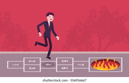 Young carefree businessman playing hopscotch, jumping unaware of danger in front of him, having no business instinct or business plan , making fatal step, bad business vision
