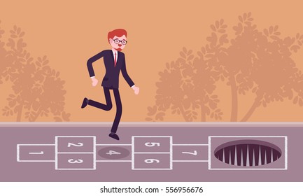 Young Carefree Businessman Playing Hopscotch, Jumping Unaware Of Danger In Front Of Him, Making Fatal Mistake, Unable To Avoid The End, Loosing A Game, Unseen Distain Problem