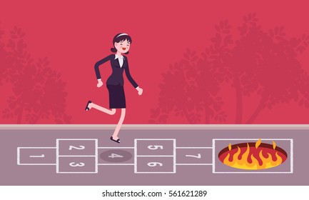 Young carefree businessman playing hopscotch, jumping unaware of danger in front of her, having no business instinct or business plan , making fatal step, bad business vision