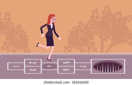 Young Carefree Businesswoman Playing Hopscotch, Jumping Unaware Of Danger In Front Of Her, Making Fatal Mistake, Unable To Avoid The End, Loosing A Game, Unseen Distain Problem